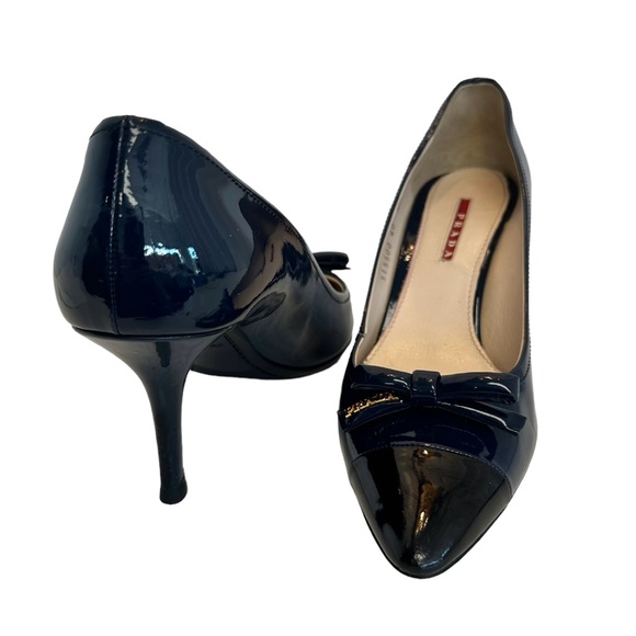 Prada Shoes - Prada Patent Leather Heels Blue Black Pointed Toe Bow Accent Size EU IT 40 US 10